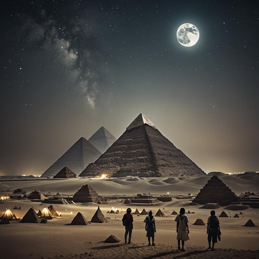 Pyramids at Night With Moon: Cinematic Film Still