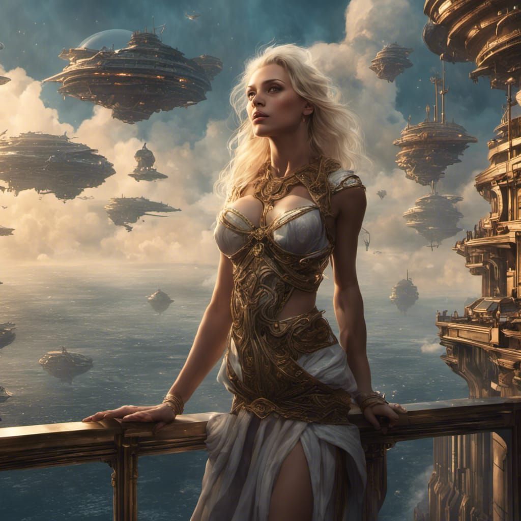 Fantasy Woman Watches Starships Arrive in Sky City