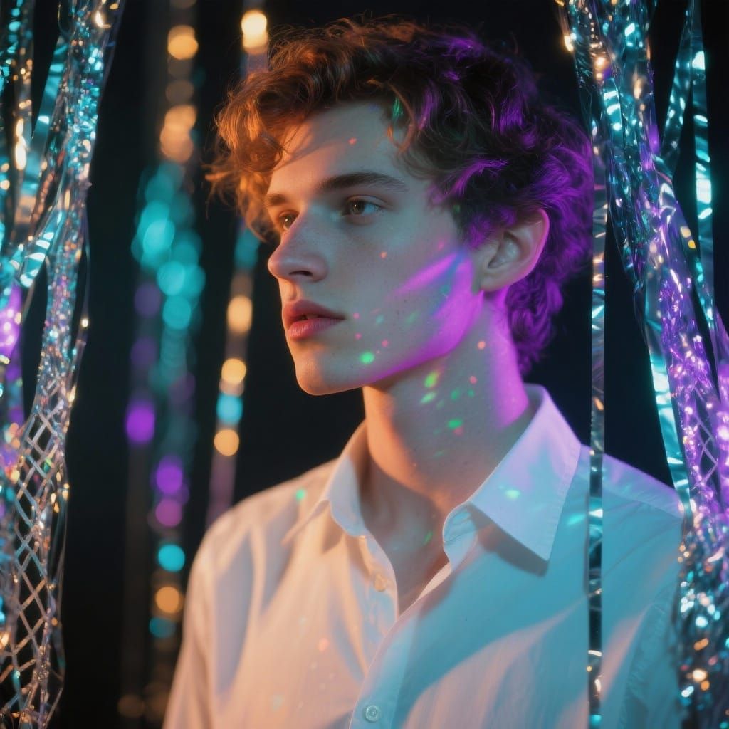 Man in Metallic Streamers with Prismatic Light