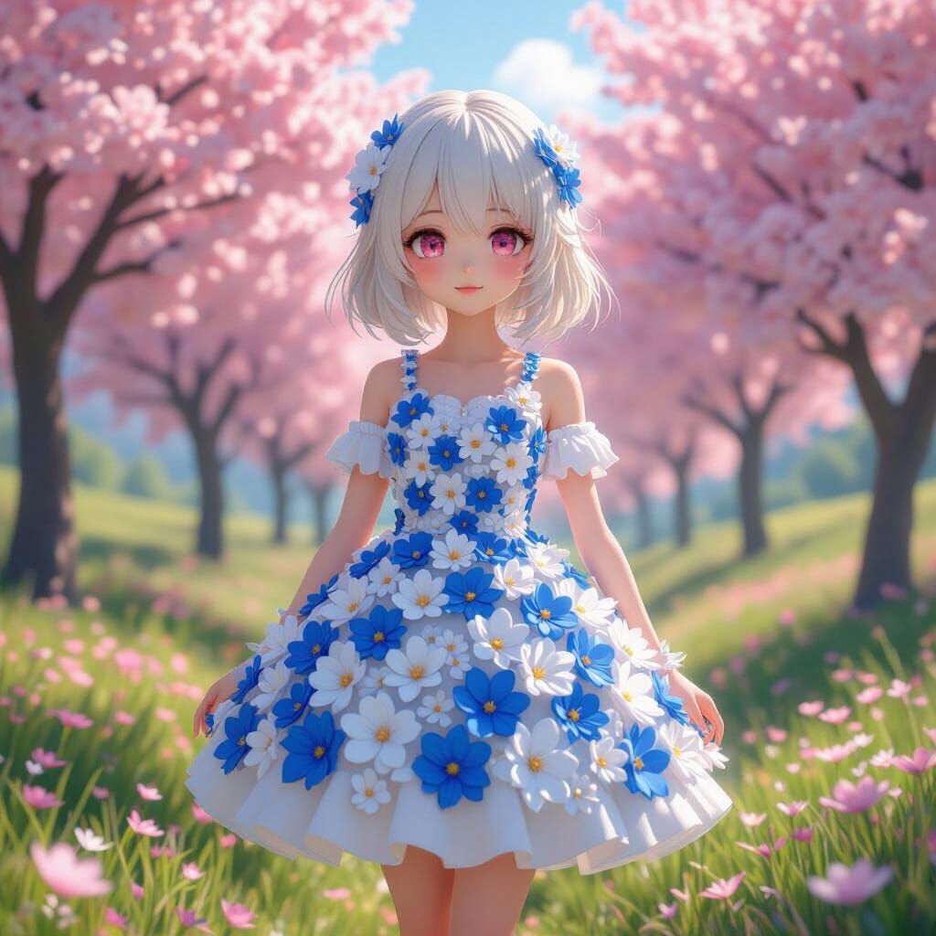Pink-Eyed Girl in Floral Dress, Anime Style