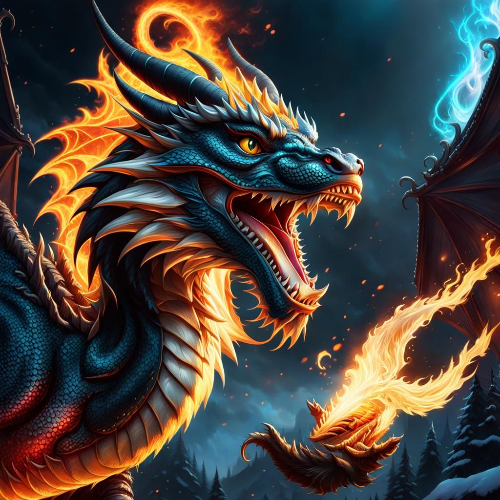 A fierce cartoon dragon breathes flowing fire