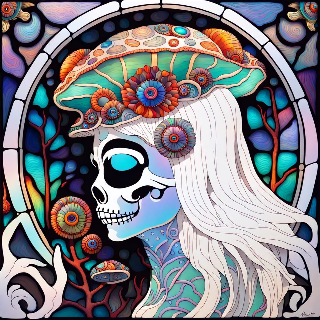 Colorful Mushroom and Mask in Art Nouveau Style