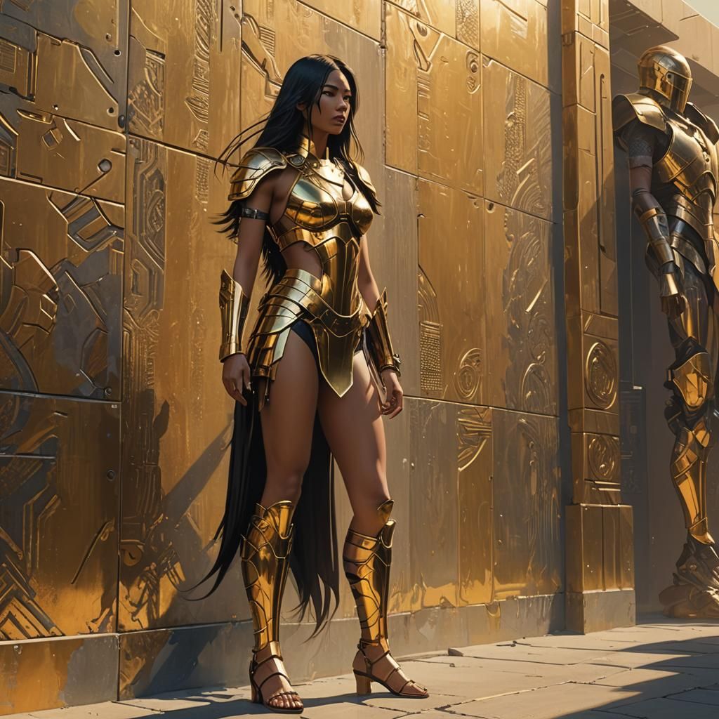 Cyberpunk Gladiator: Futuristic Woman in Golden Bikini