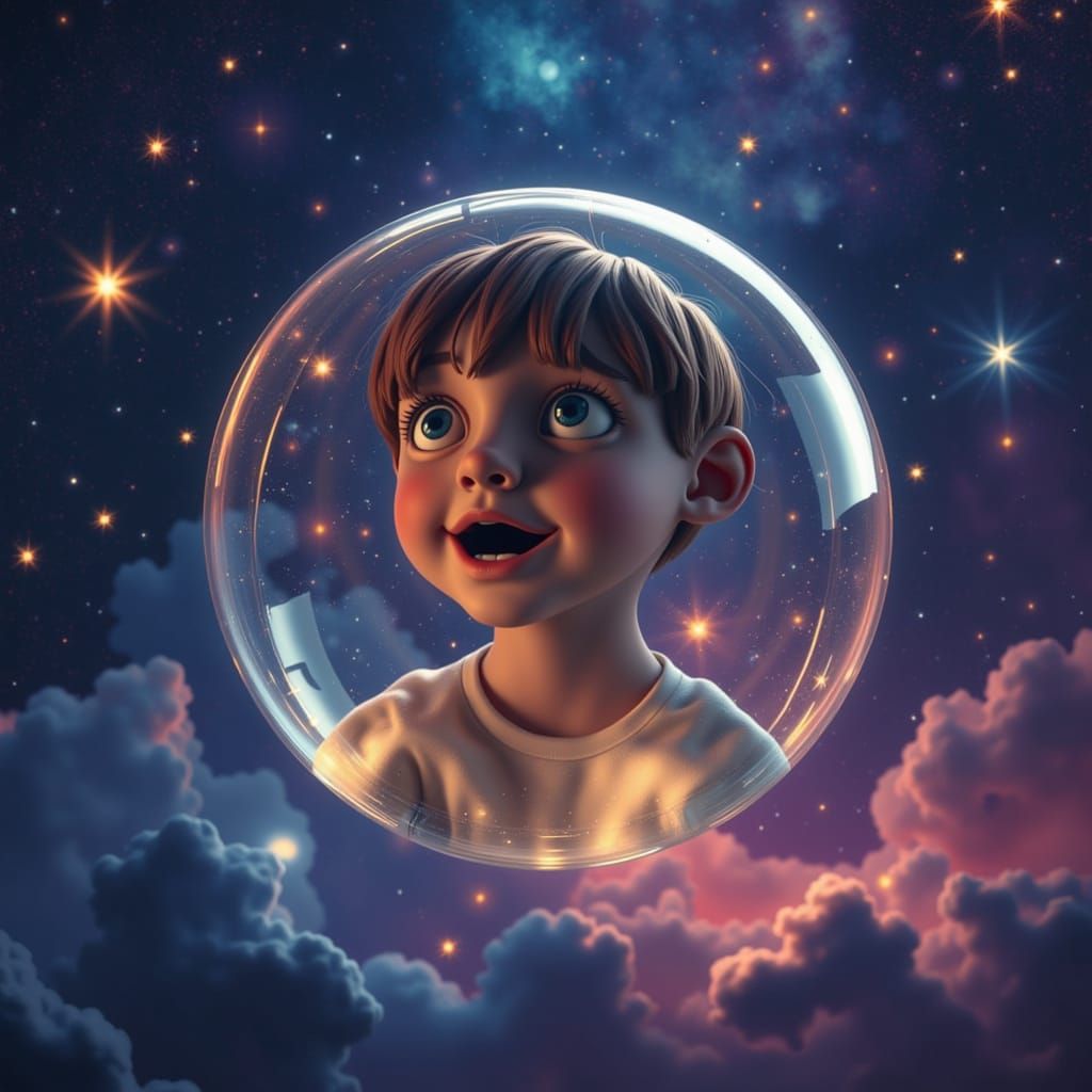 Amazed Young Man in Glass Sphere Floating in Space