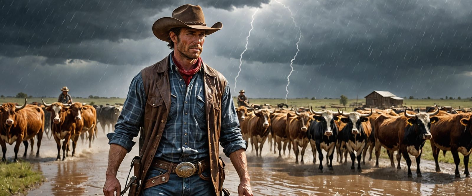 Cowboy Herding Cattle Through Rainstorm: Cinematic Western