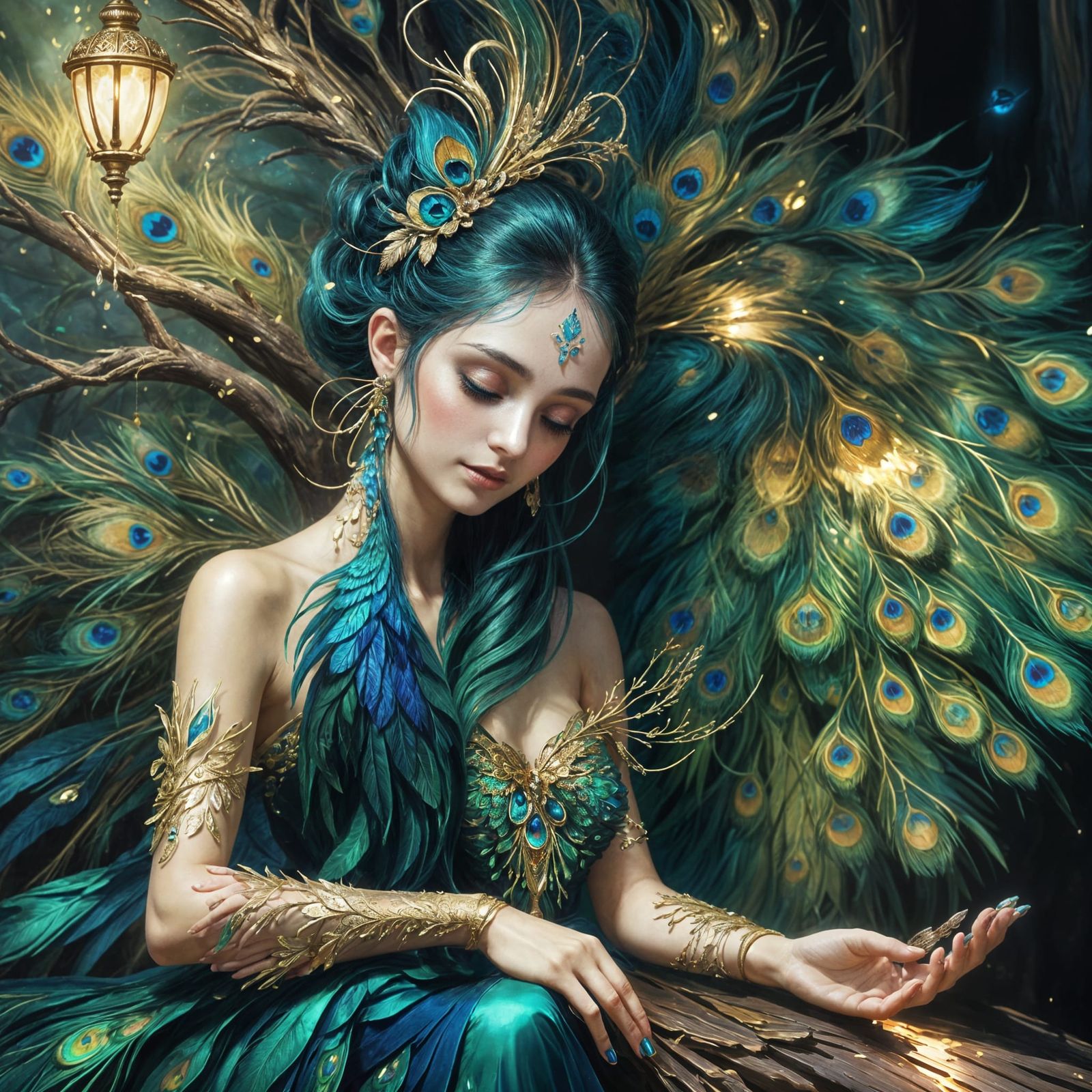 Fantasy Fairy Grooming a Majestic Peacock