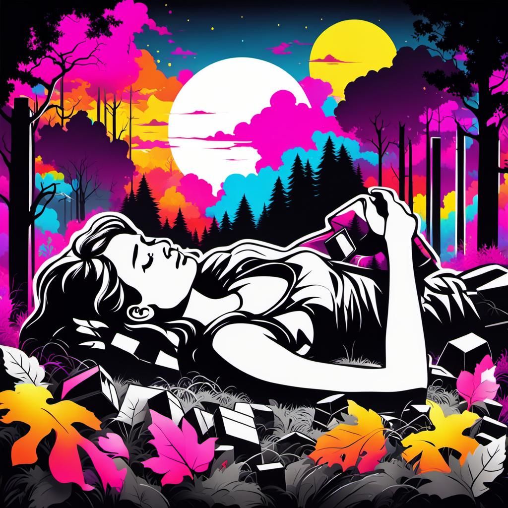 Banksy Graffiti: Virgo Woman in Neon Cubes