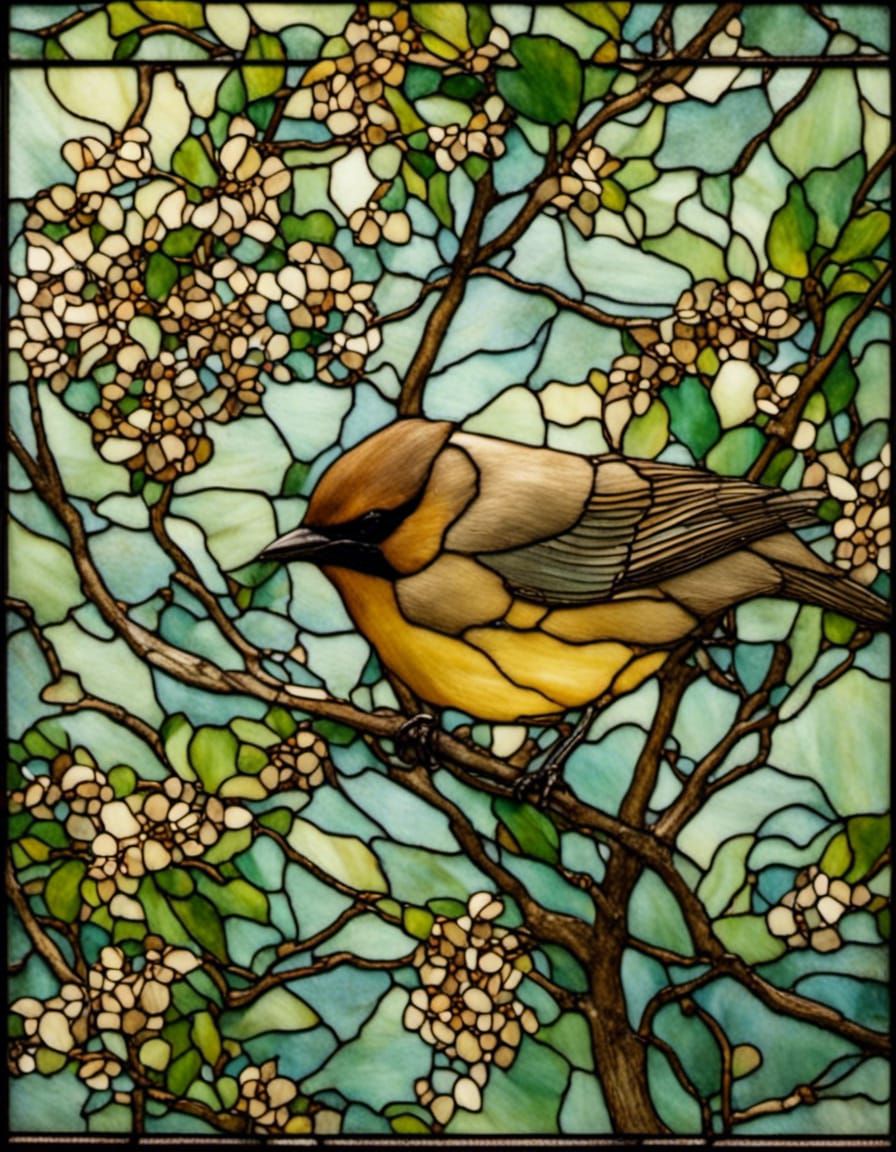 Cedar Waxwing in Tiffany-Style Stained Glass