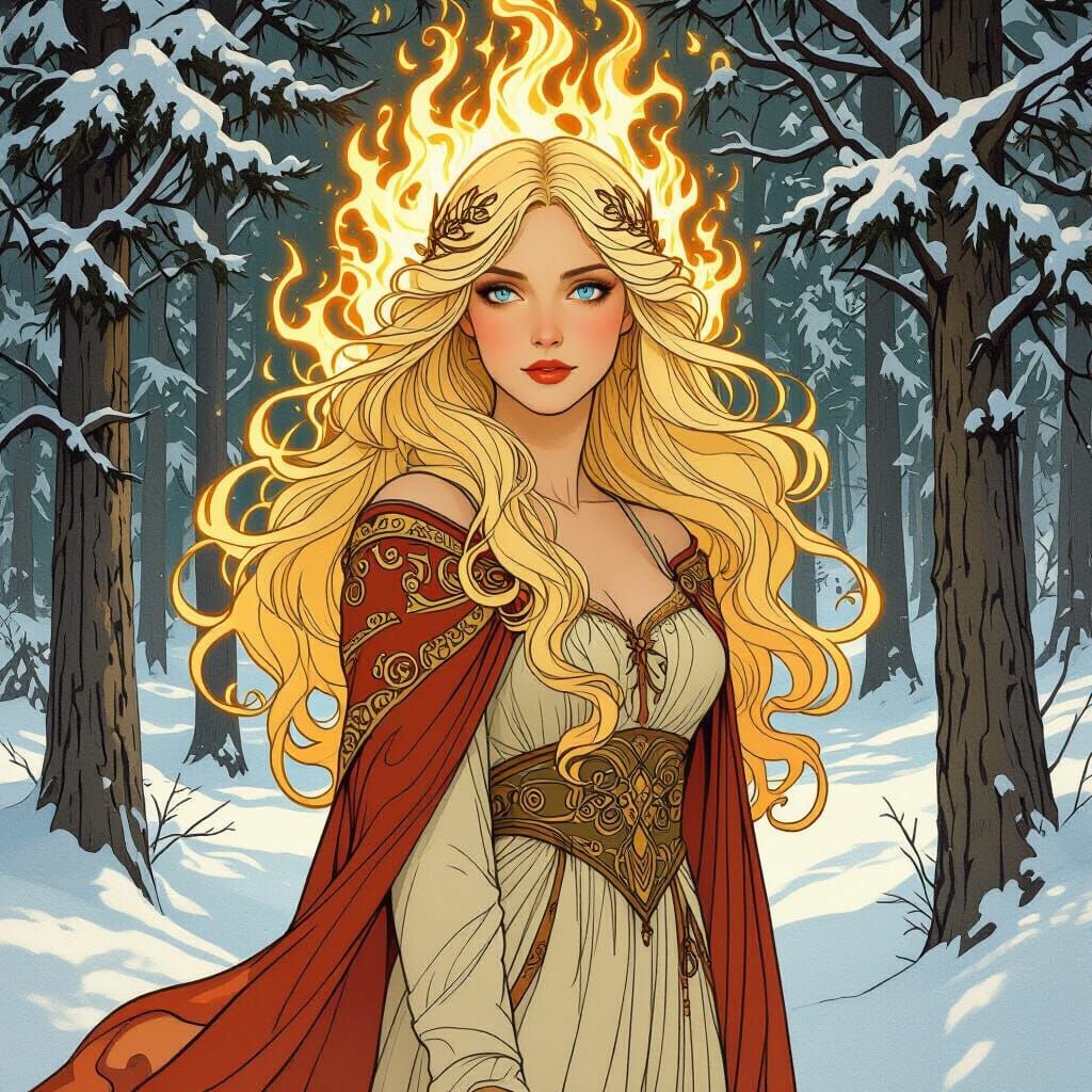 Art Nouveau Woman Wreathed in Flames in Snowy Oak Forest