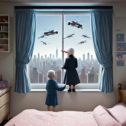 Imagine a child's bedroom window with a curious elderly woma...