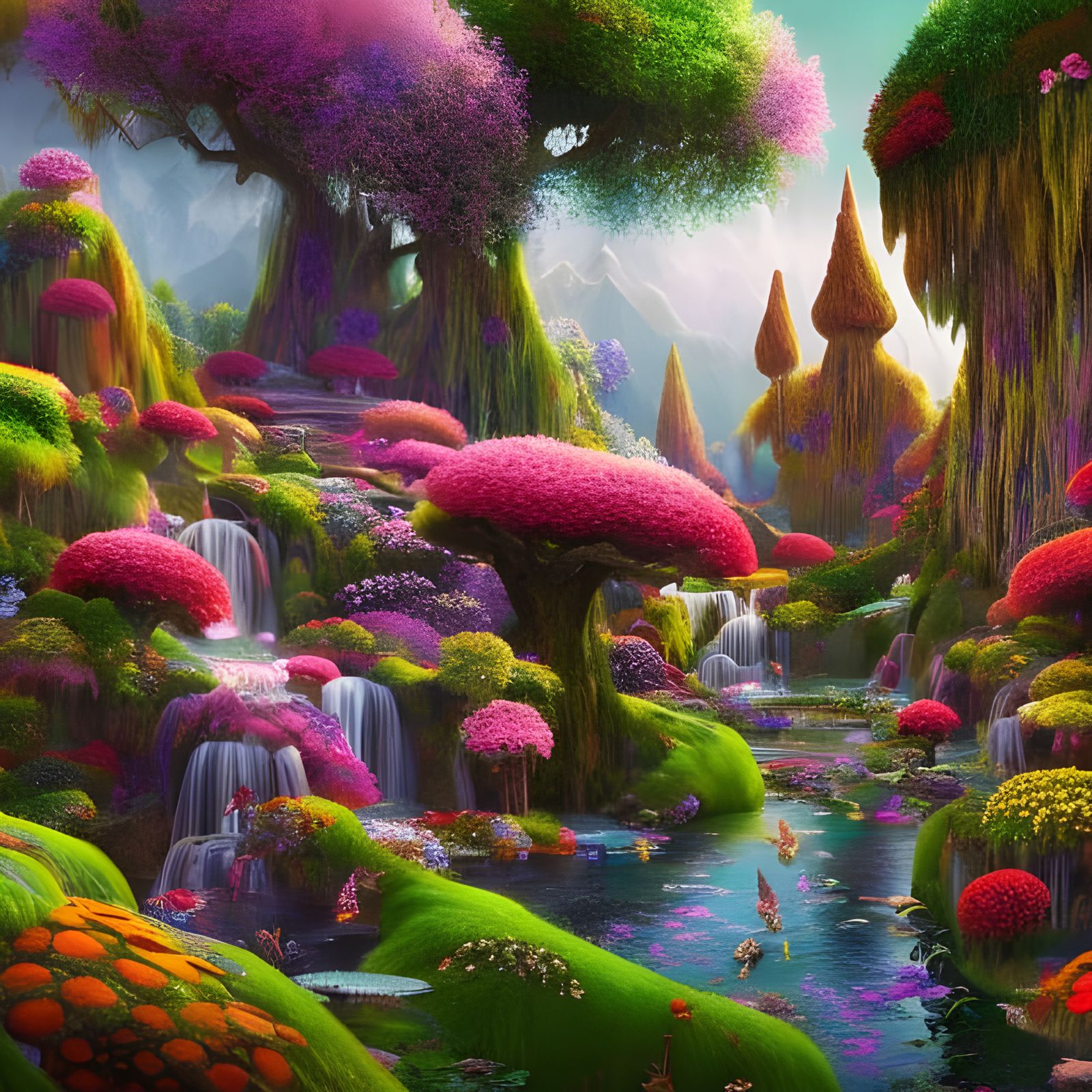 Surreal Fantasy Landscape with Intricate Geometric Details