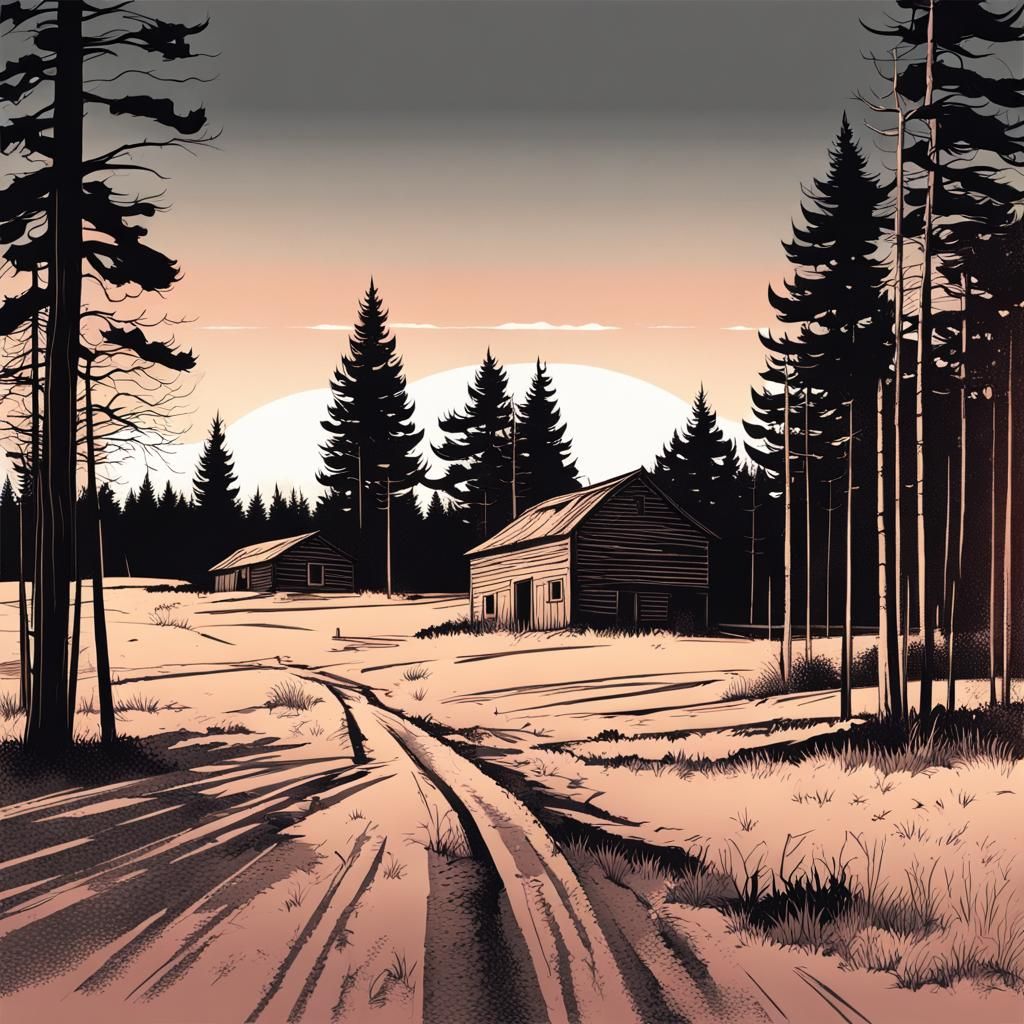 Demolished Farm at Dusk: Sharp Contrast Illustration