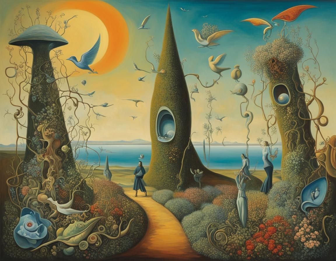 Surreal Garden: Bizarre Monuments in Oil Canvas