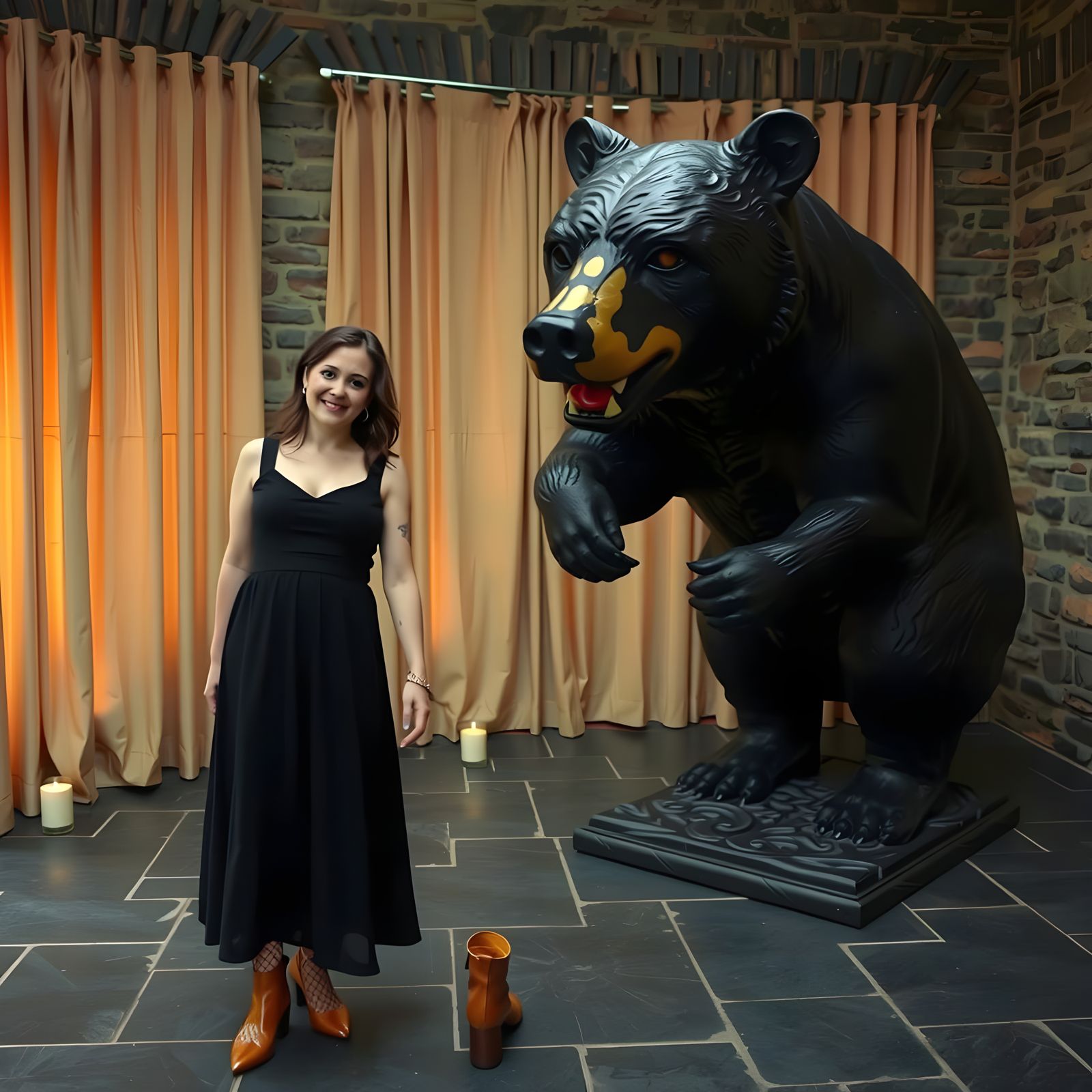 Young Woman Poses with a Friendly Black Bear Statue in a Coz...