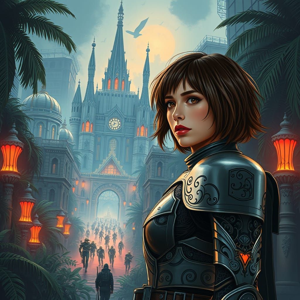 Futuristic Dúnedain Ranger in Dystopian Cityscape