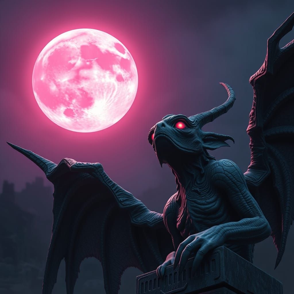 Epic Gargoyle Stares Up at Glowing Pink Moon