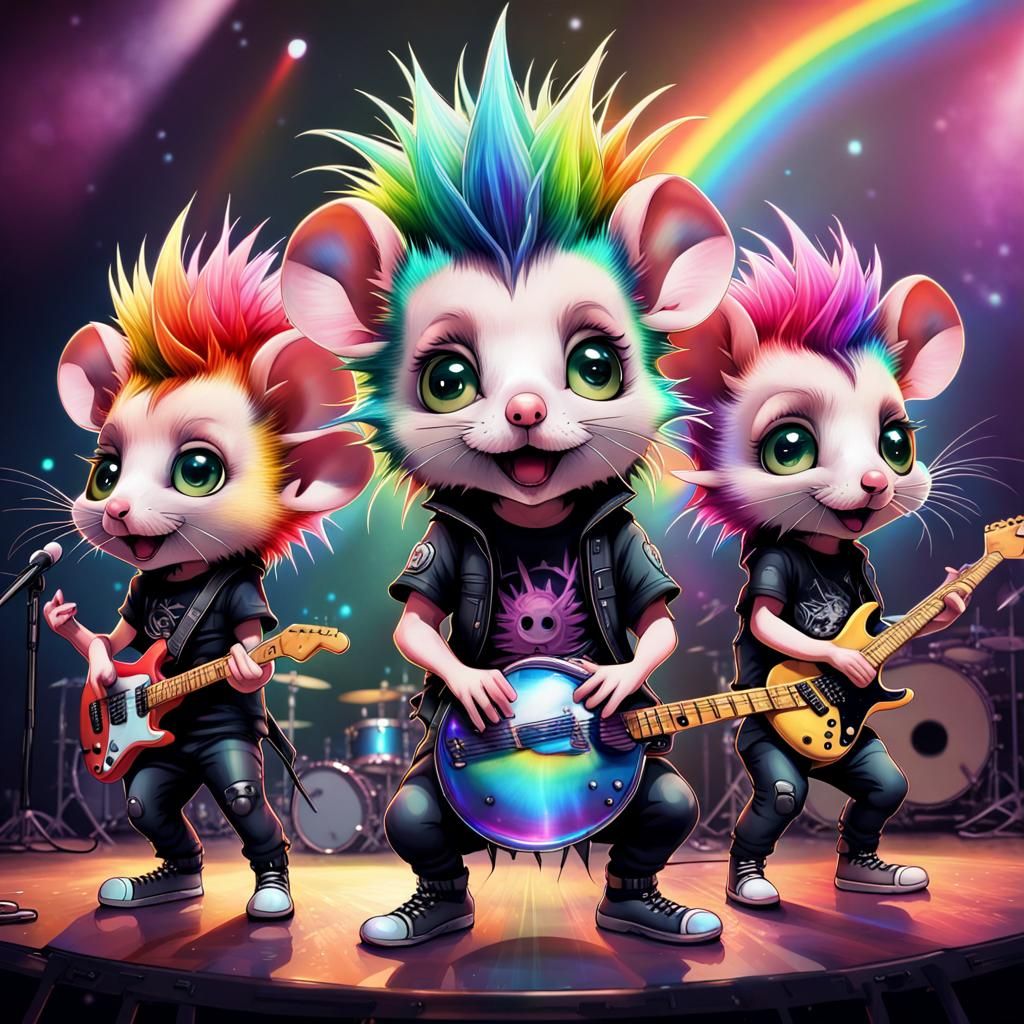 mice punk rock band on stage with rainbow colored spiky hair
