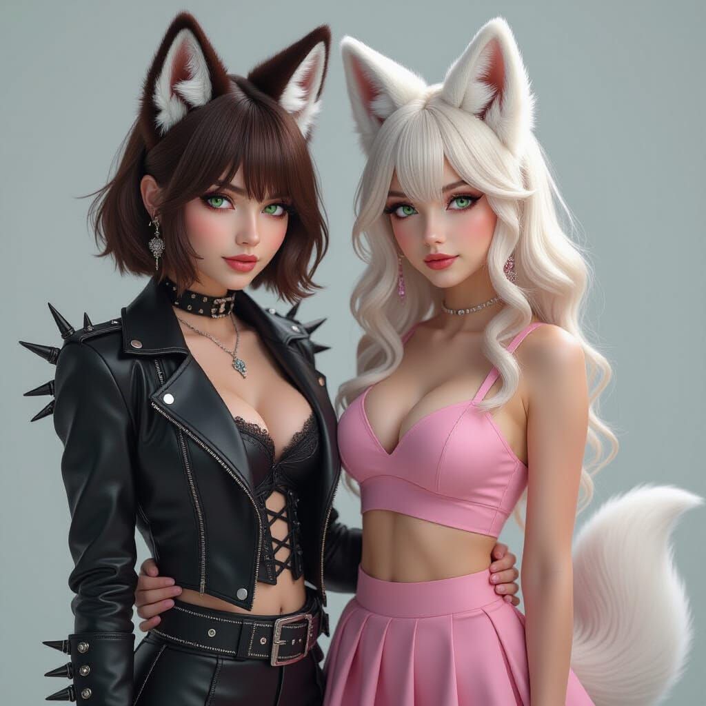 Gothic Woman Holds Fox Girl in Studio Portrait