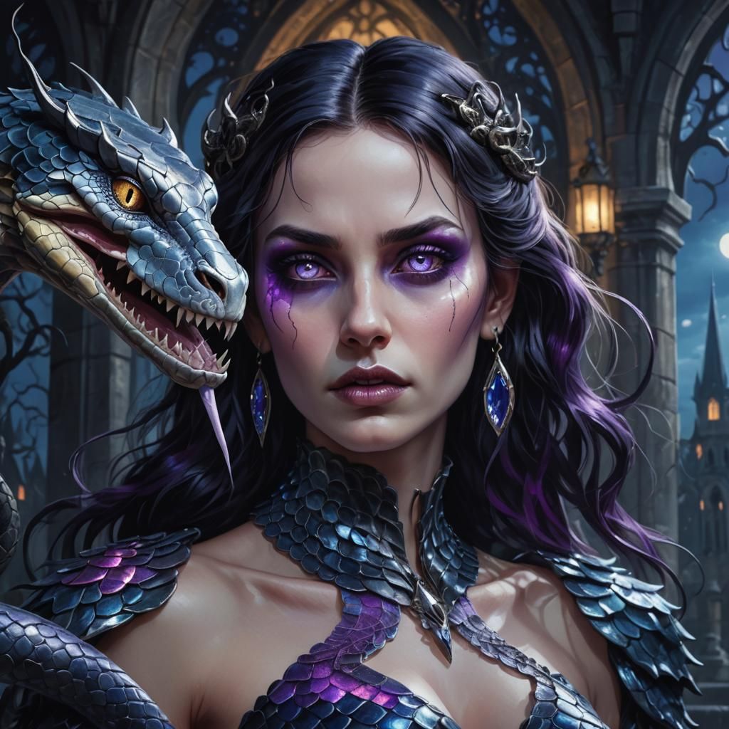 Gothic Snake Woman with Shimmering Scales