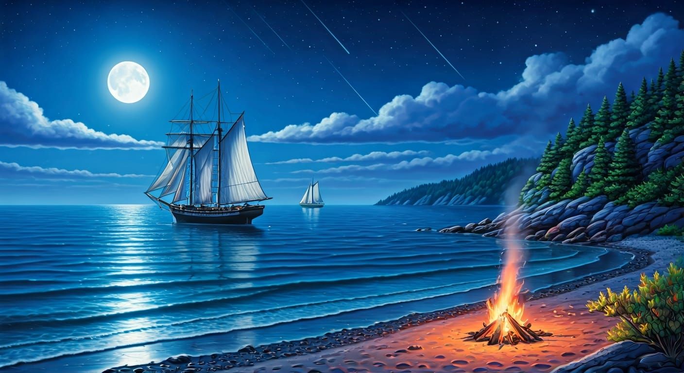 Moonlit Schooner Anchored in Summer Bay
