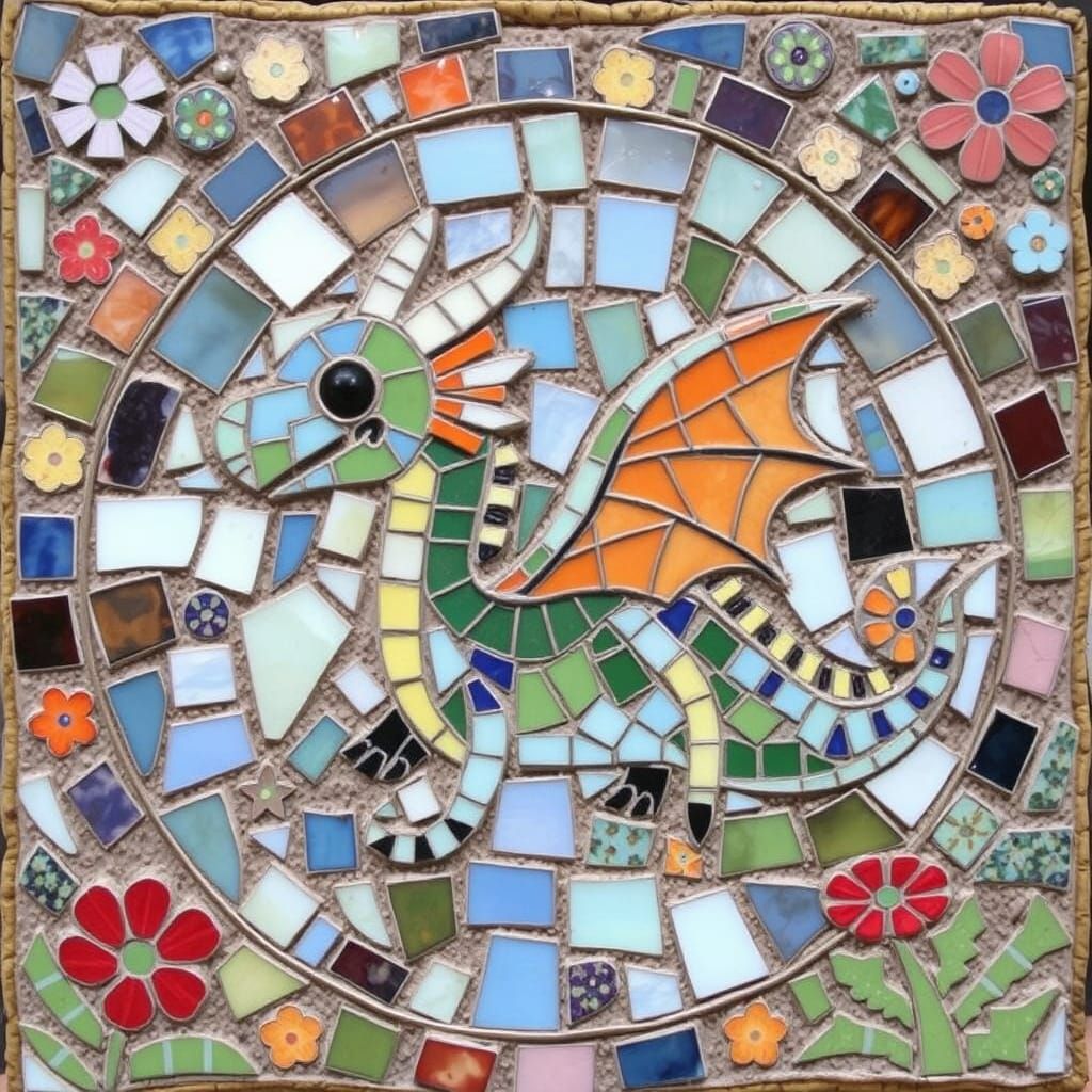 Baby Dragon Mosaic Art in the Style of Jean Tinguely