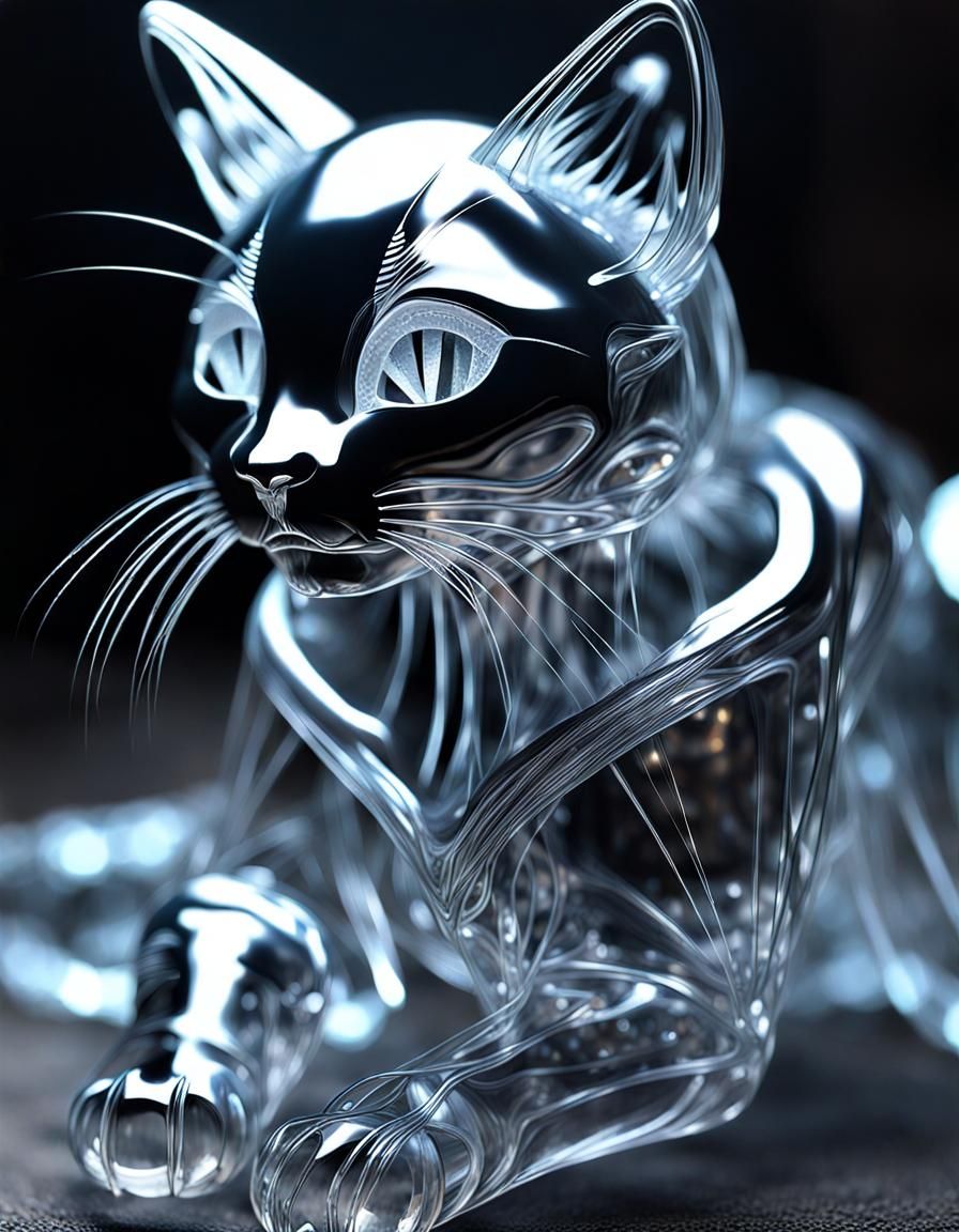 Crystalline Neko Emerges from Smoke: Glassy, Ghostly Art