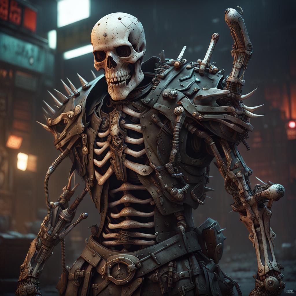 Cyberpunk Skeleton Bounty Hunter in Heavy Armor