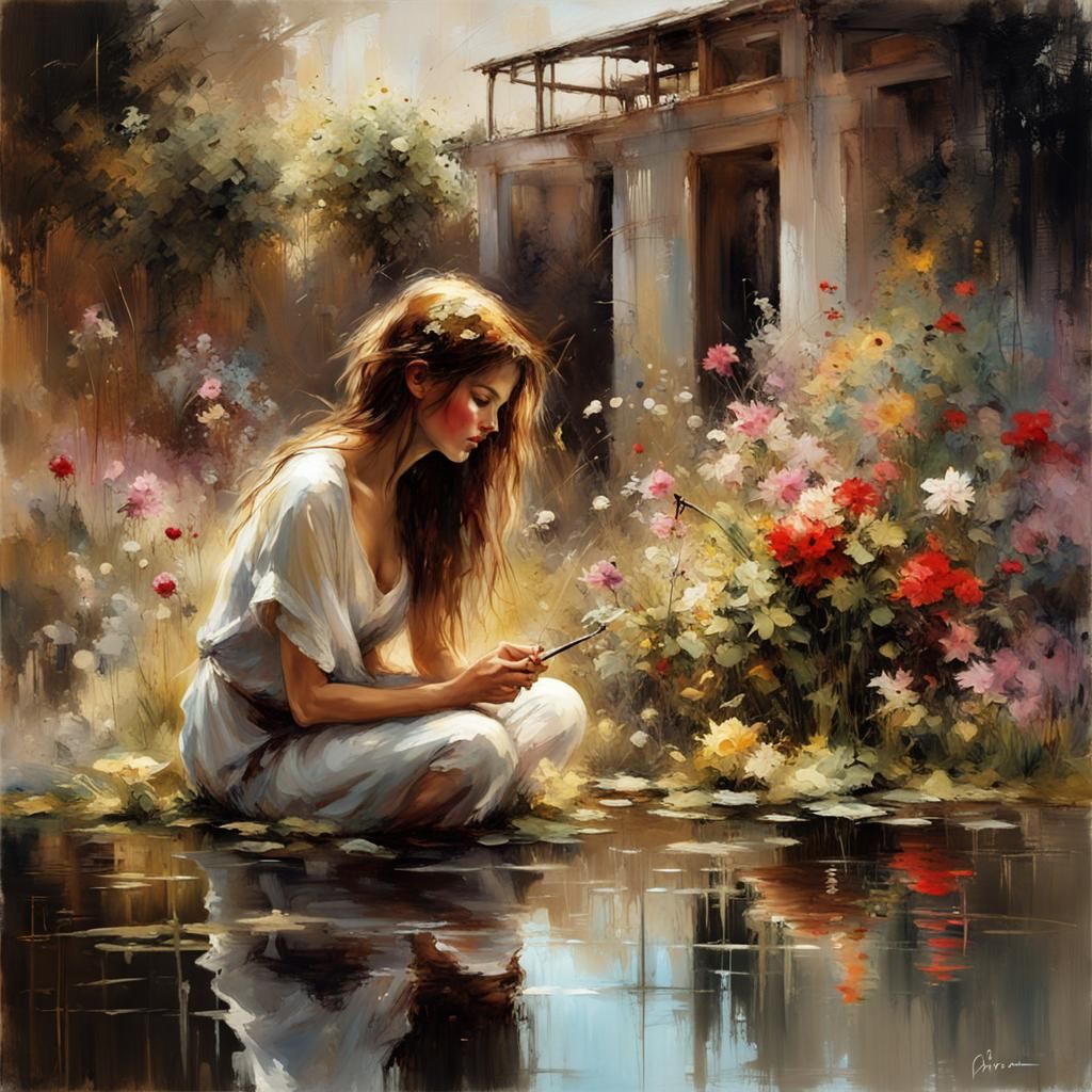 Girl in City Garden: Matte Oil Painting