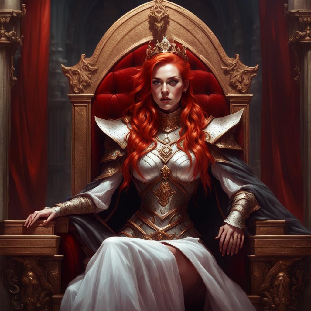 Red-Haired Evil Queen on Throne, Oil Painting Style
