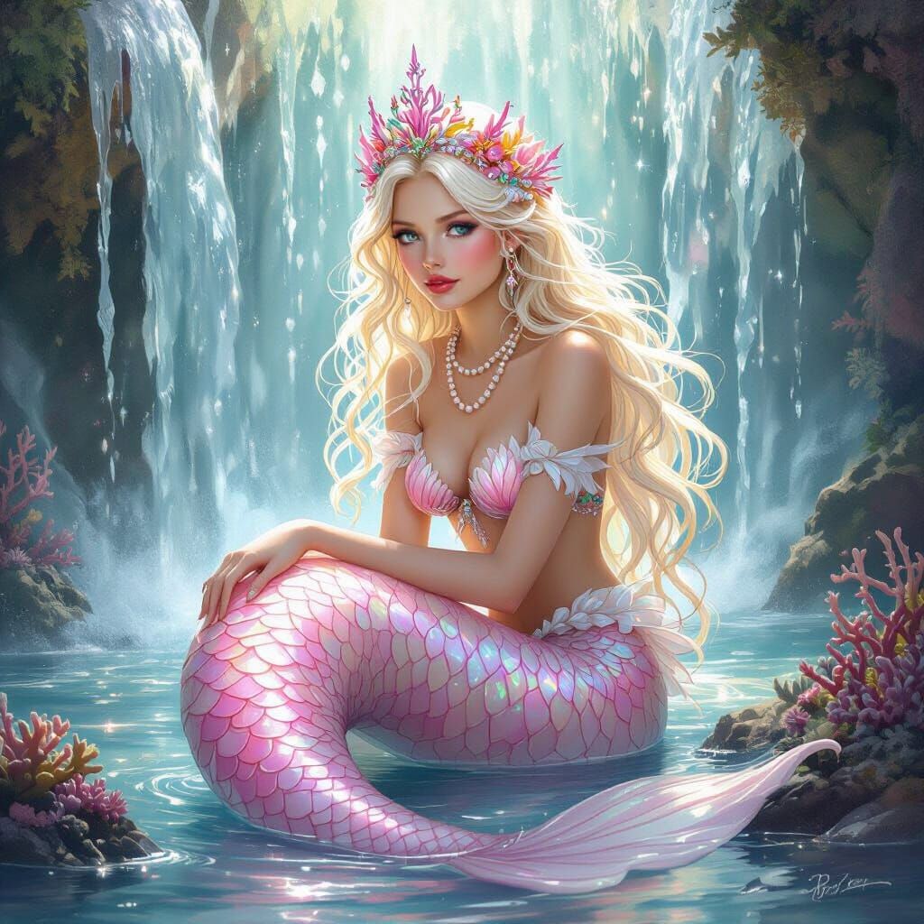Ethereal Mermaid Under Waterfall Moonlight Glow