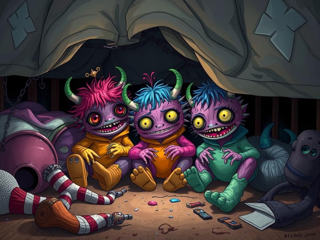 Baby Monsters Frolicking Under a Bed in Stylized Portrait