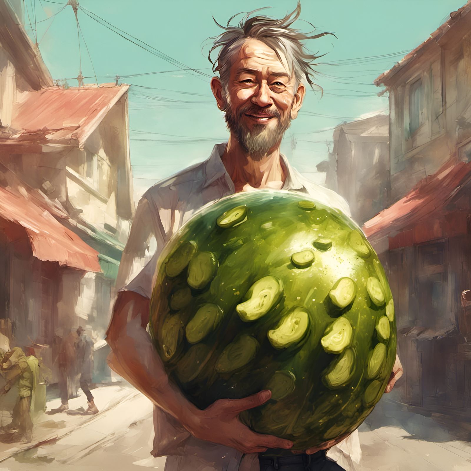 Man with Giant Pickle Portrait, Digital Illustration
