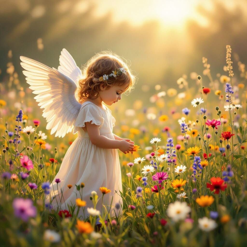 Cherubic Angel in Sunlit Wildflower Meadow