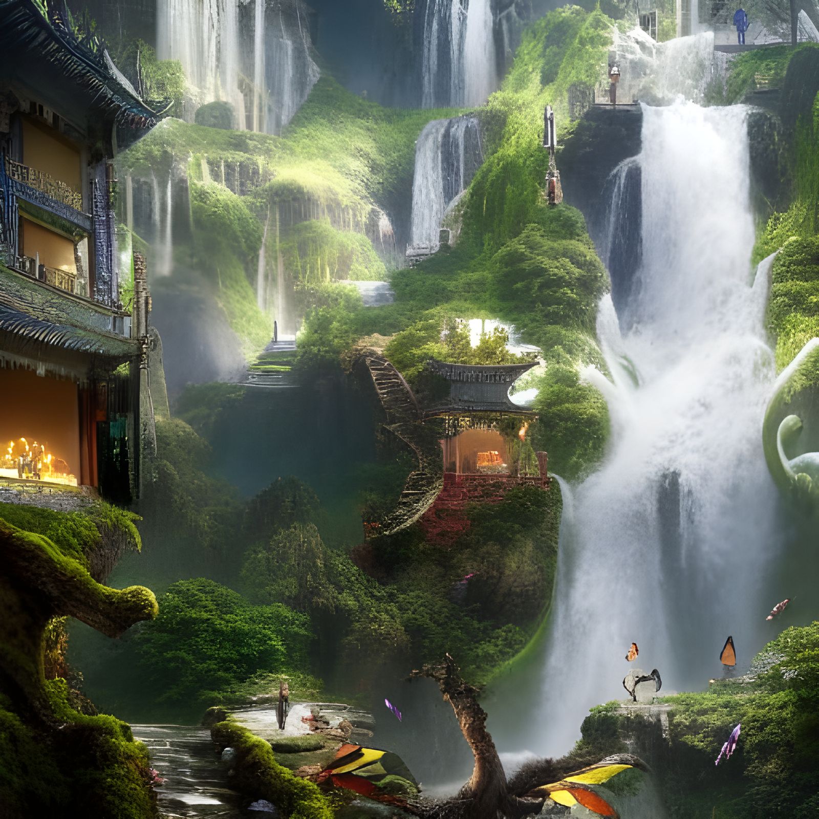 Celestial Being Surrounded by Waterfalls