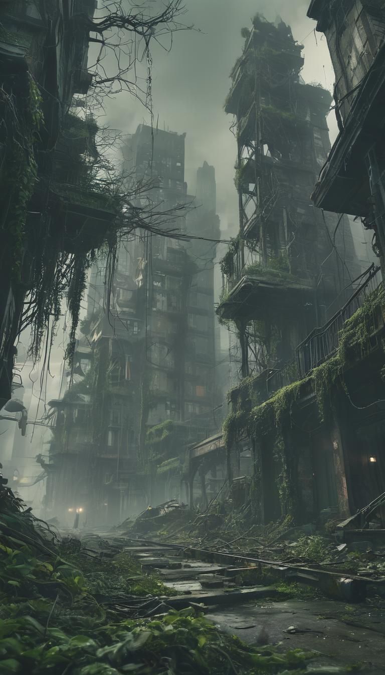 Foggy Post-Apocalyptic City Reclaimed by Nature