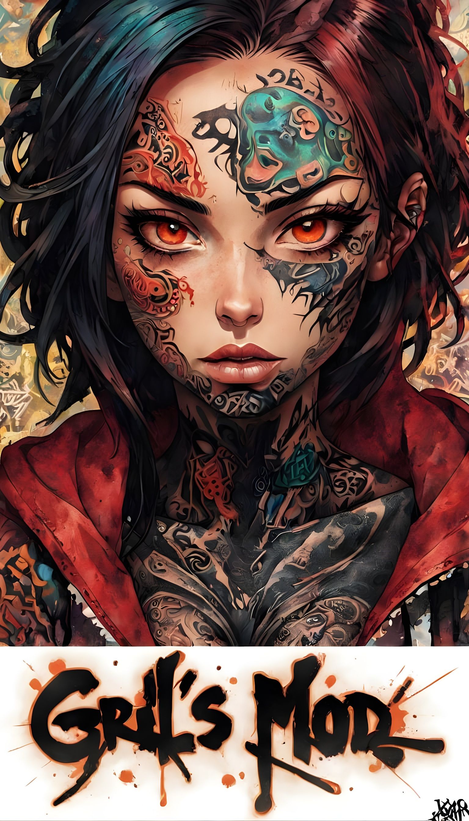 Mysterious Anime Woman with Graffiti Street Tattoos