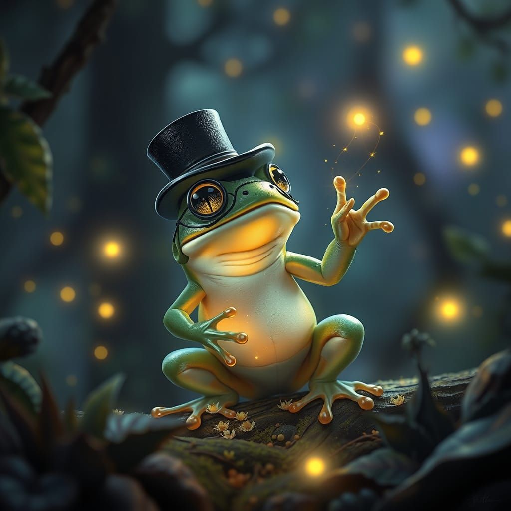 Bioluminescent Frog Conducting Fireflies: Expressionist Oil ...