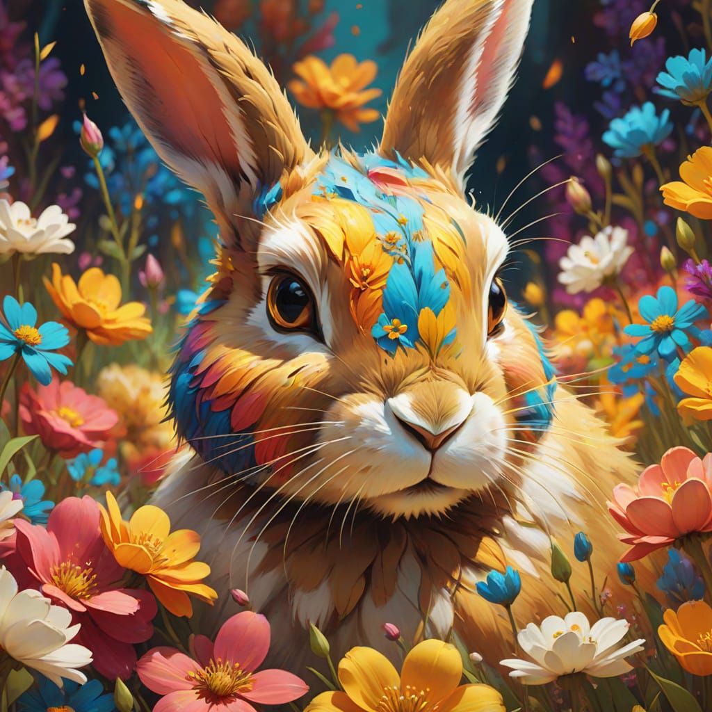 Rabbit in Vibrant Flowers Digital Concept Art