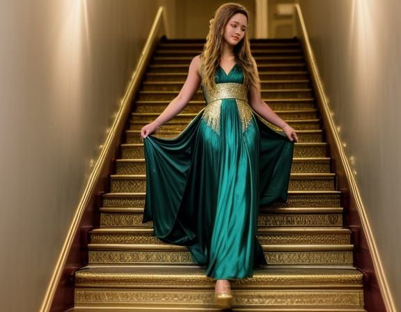 Elegant Woman in Gold Evening Gown