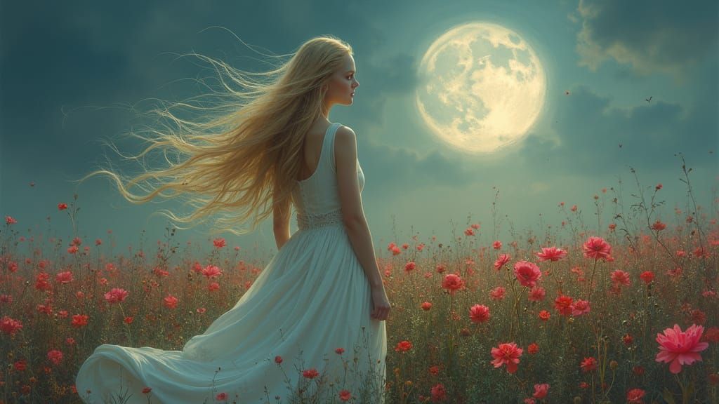 Ethereal Woman in Moonlight Field, Digital Art