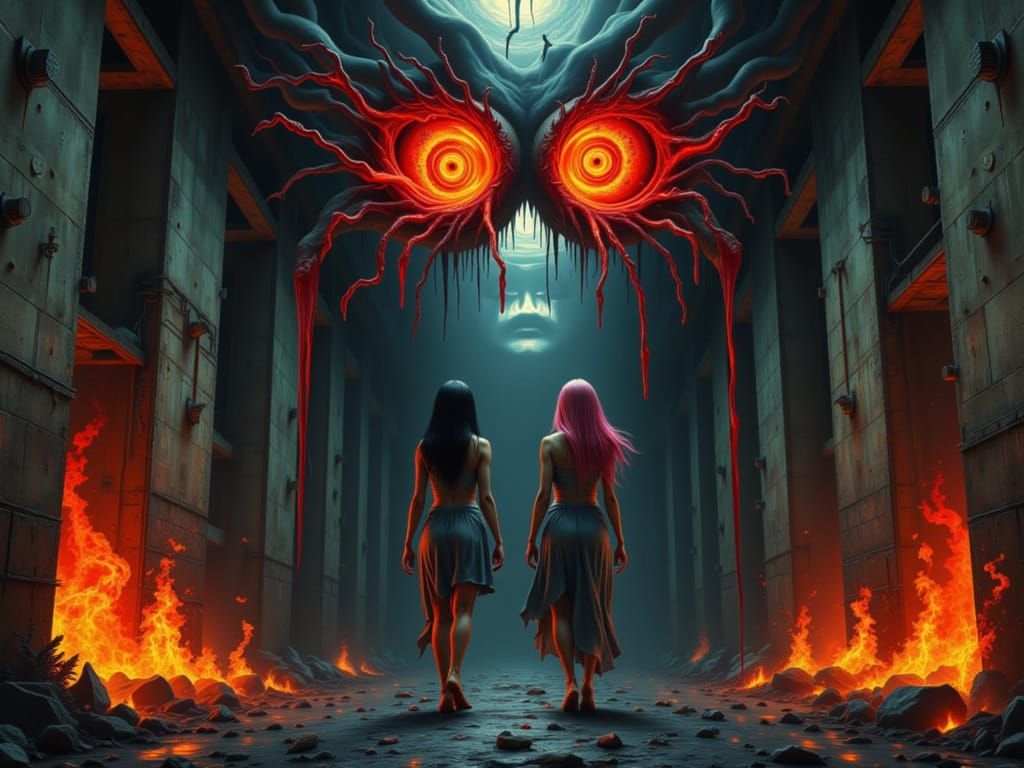 Two Women with Spiraling and Pentagram Eyes in Burning Build...