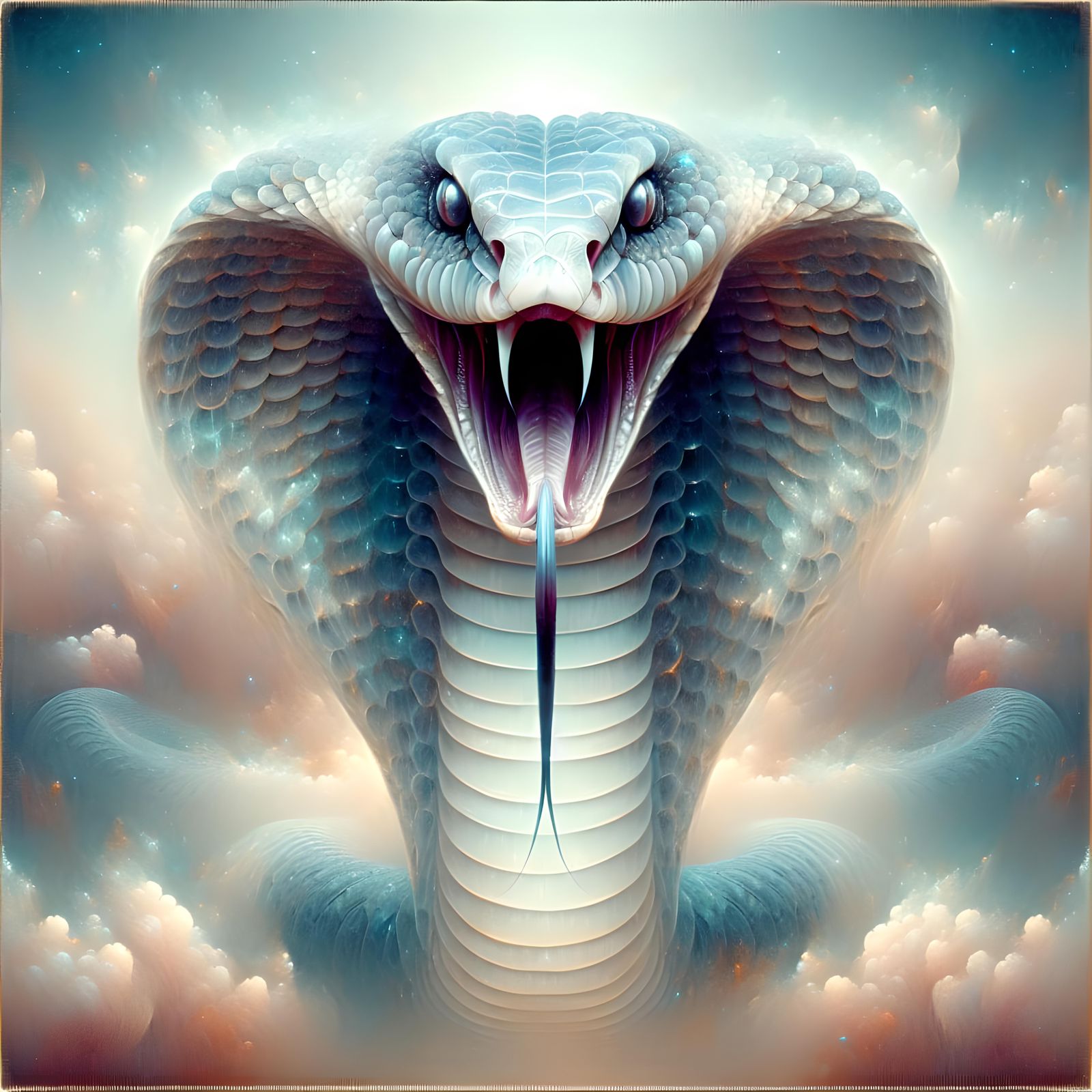 King Cobra Displaying Fangs in Ethereal Pastel Haze