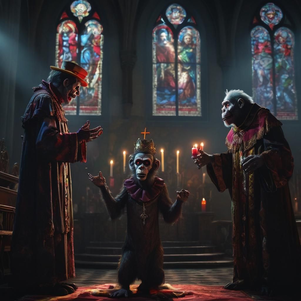 Zombie Monkey Clown Wedding in Gothic Church