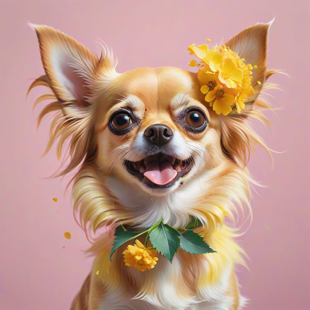 Whimsical Chihuahua with Mimosa Flower in Oil Painting