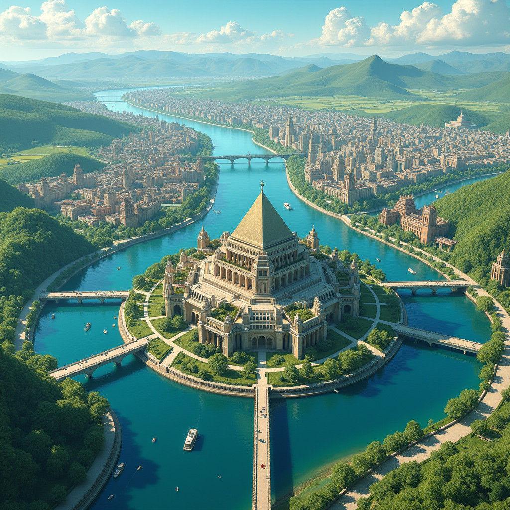 Futuristic Cityscape with River and Canals