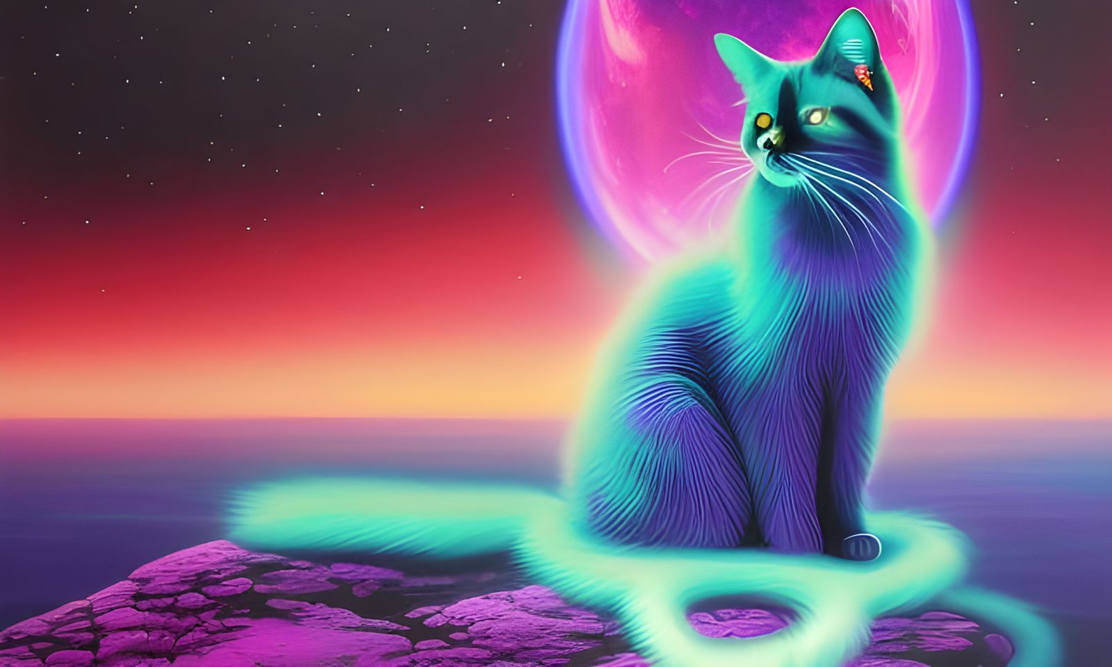 Bioluminescent Cat in Sci-Fi Synthwave Outer Space
