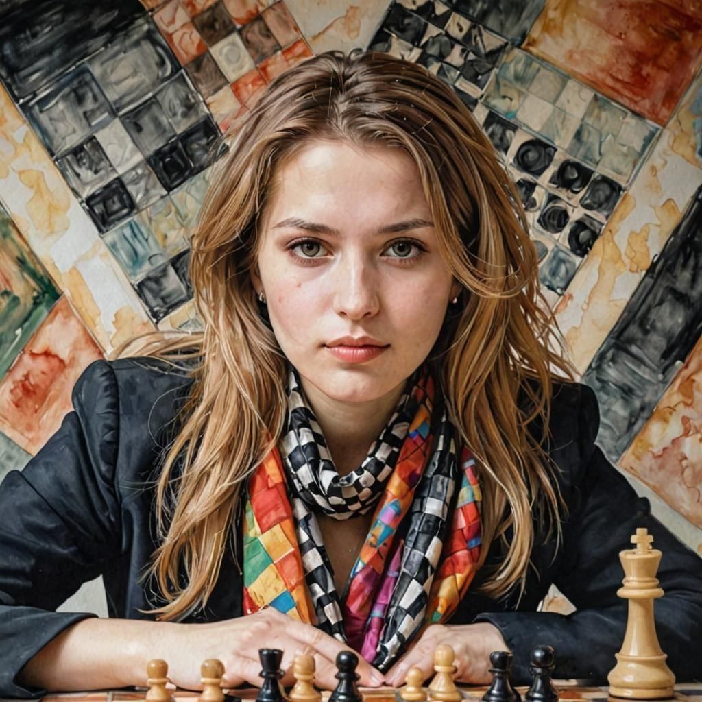 Judit Polgar Portrait in Watercolor Abstract Style