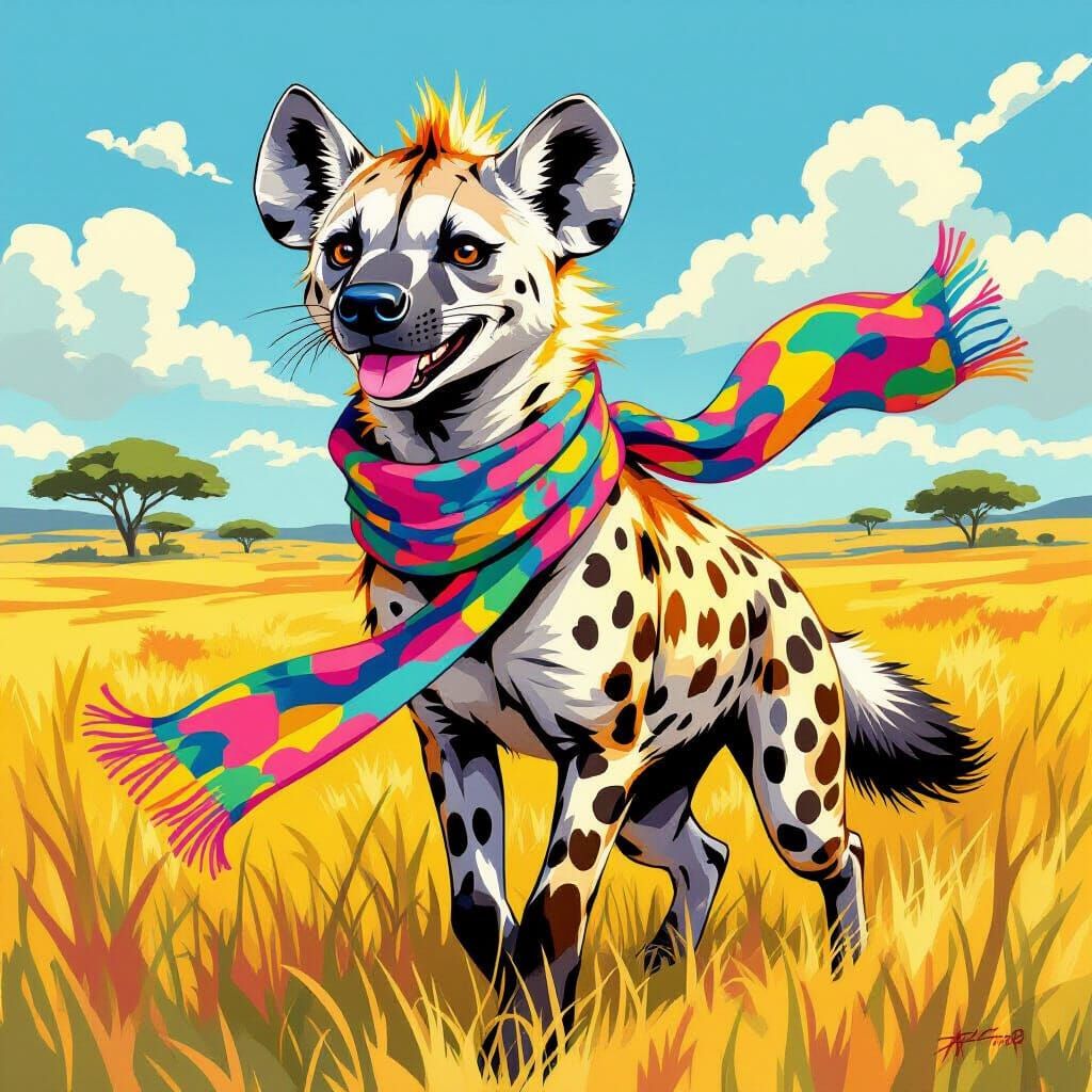 Hyena in Savannah, Whimsical Art Style