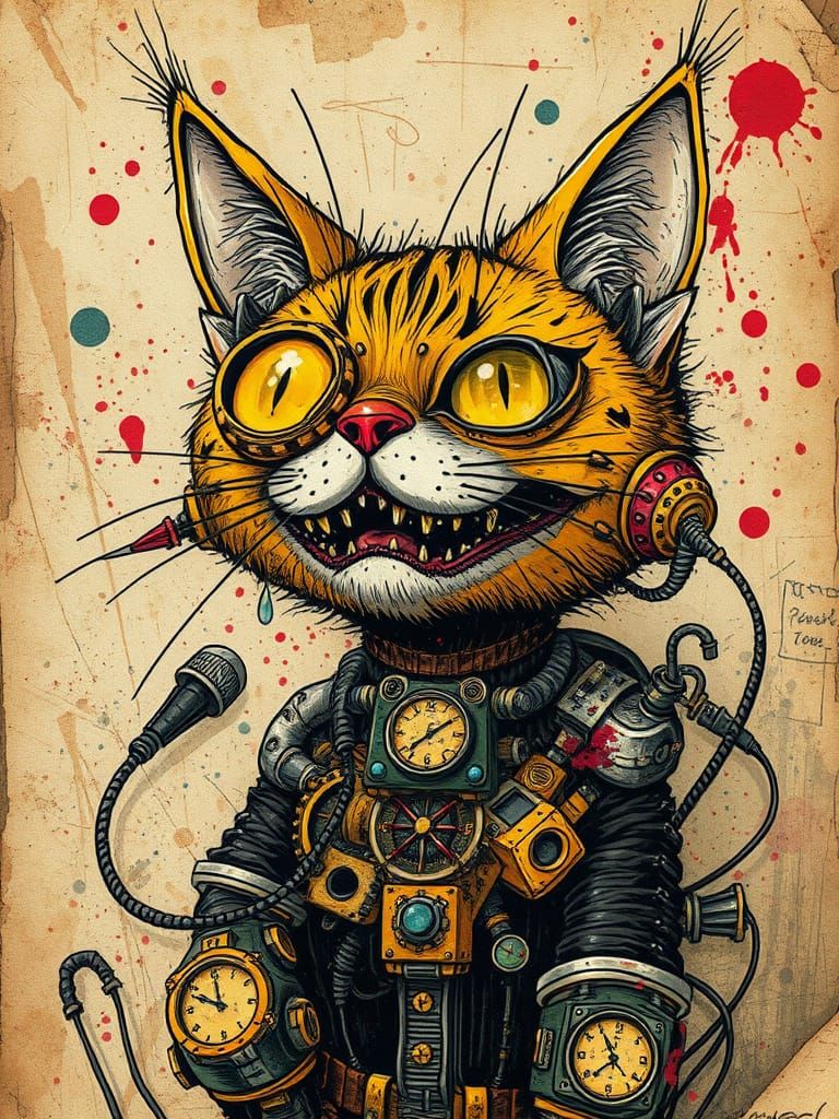 Cyberpunk Cat in Grungy Steampunk Illustration