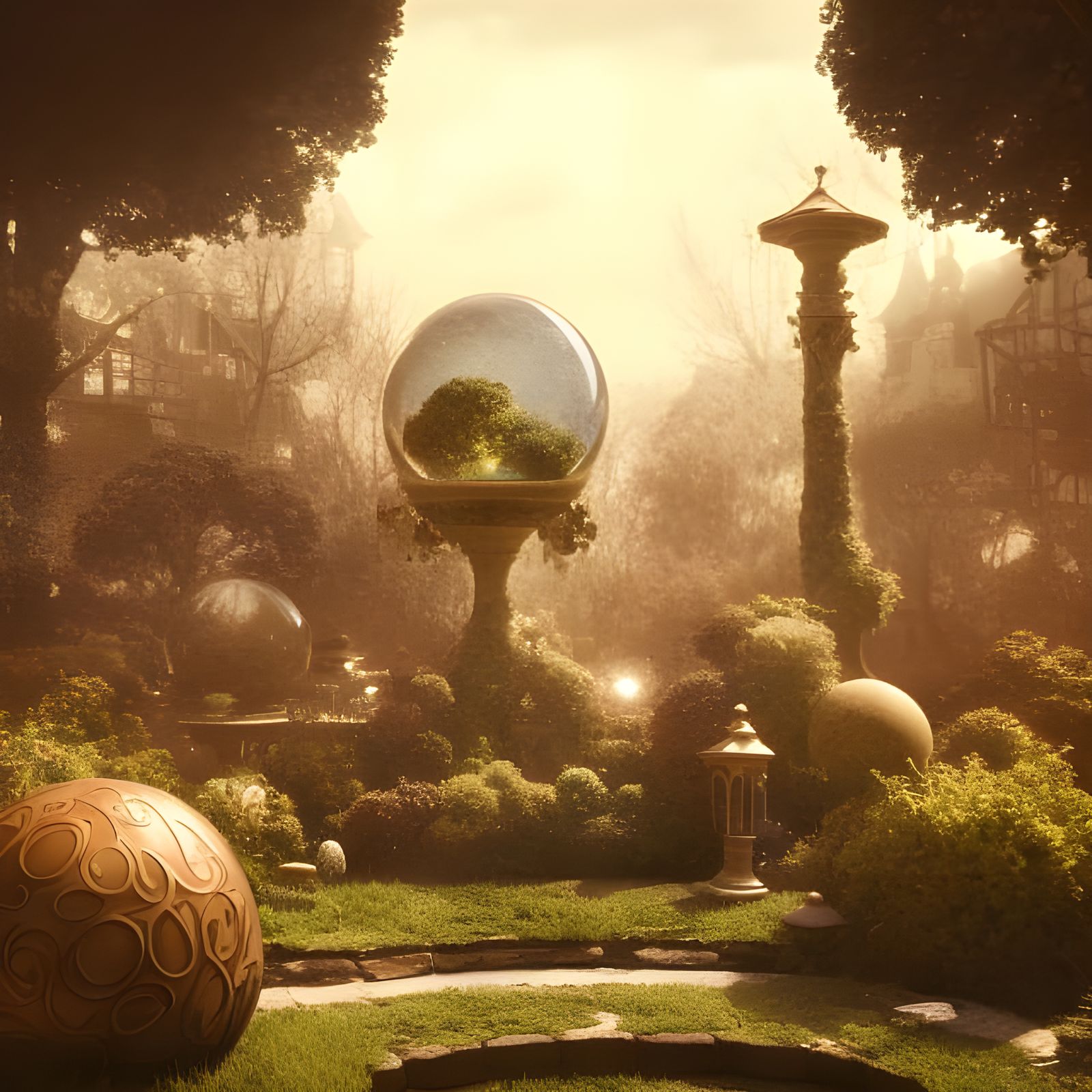 Vintage Sphere Garden in Sepia Tones